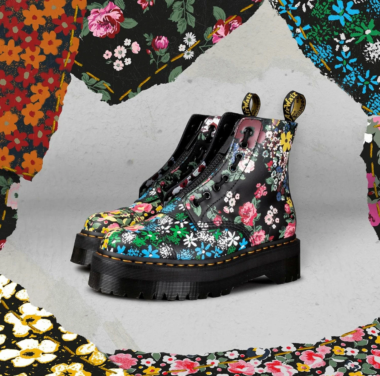 Dr. Martens Boots Dr. Martens Sinclair Black Floral Mash Up Backhand Zip Ankle 8 Eyelet Boot 4 Dr. Martens Boots Dr. Martens Sinclair Black Floral Mash Up Backhand Zip Ankle 8 Eyelet Boot - Image 4