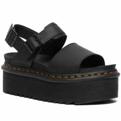 Dr. Martens Shoes Dr. Martens Voss Quad Black Hydro Leather Yellow Stitch Platform Sandal