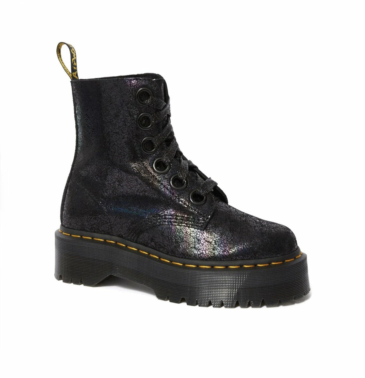 Dr. Martens Boots Dr. Martens Molly Black Iridescent Crackle Platform Ankle 6 Eyelet Boot 1 Dr. Martens Boots Dr. Martens Molly Black Iridescent Crackle Platform Ankle 6 Eyelet Boot